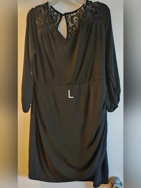 Black Lace-Trim Long Sleeve Women's Dress